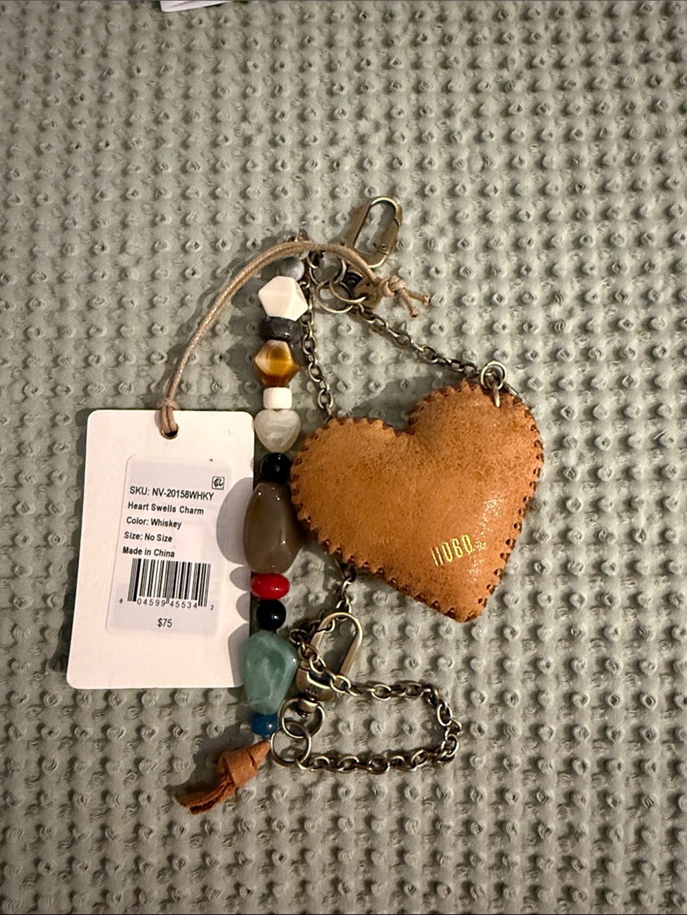Whiskey Leather Heart Keychain Charm with Beaded Accents